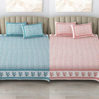 Cotton King Size Bedsheet Combo Set for Double Bed with 4 Pillow Covers – Floral Blue/pink