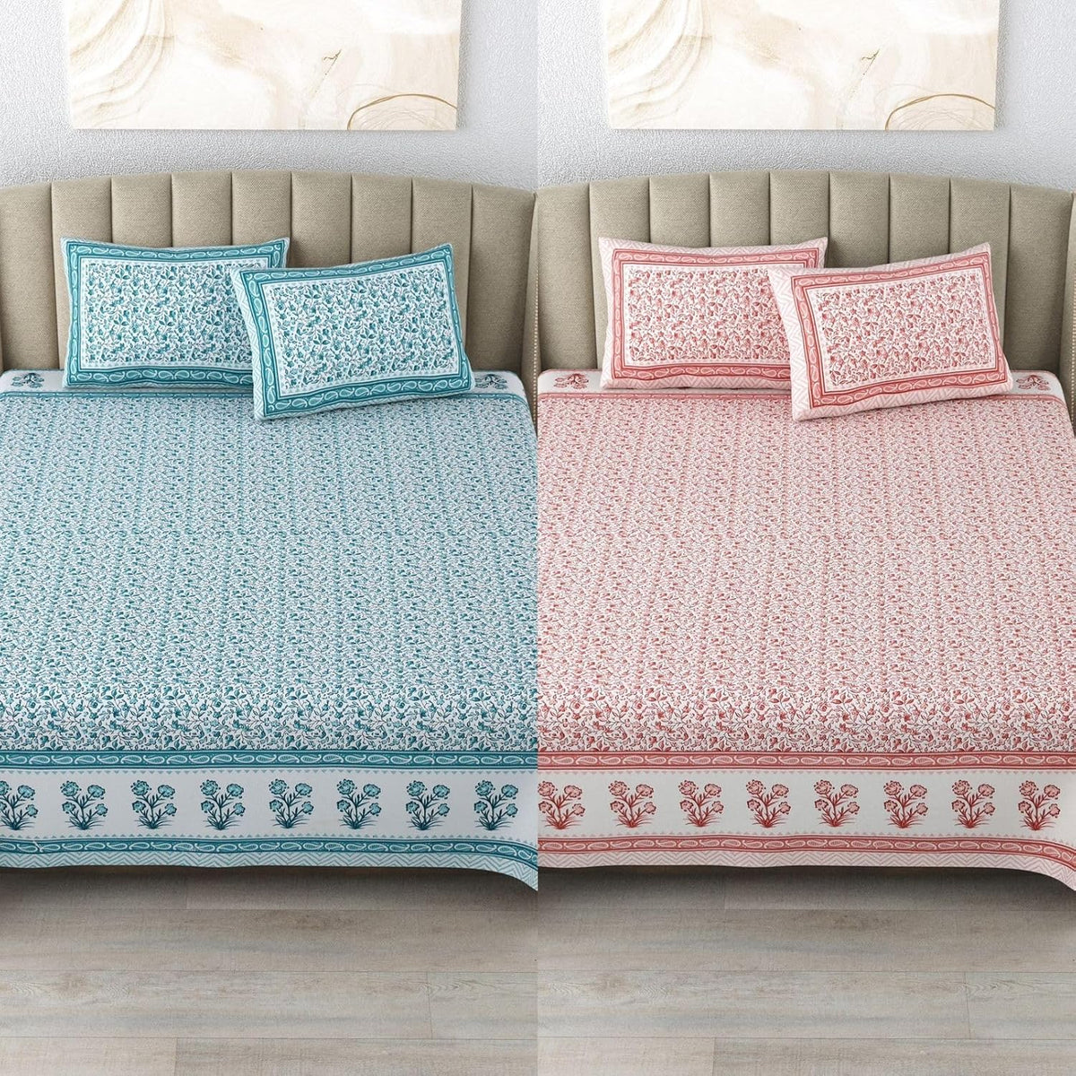100% Cotton 300 TC King Size Bedsheet Combo Set for Double Bed 90x108 Inches with 4 Pillow Covers 17x27 | Hand Block Printed Bedsheet Combo – Pink/Blue | Combo Offer