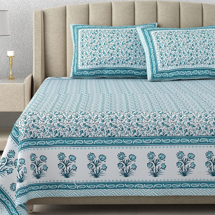 100% Cotton 300 TC King Size Bedsheet Combo Set for Double Bed 90x108 Inches with 4 Pillow Covers 17x27 | Hand Block Printed Bedsheet Combo – Pink/Blue | Combo Offer