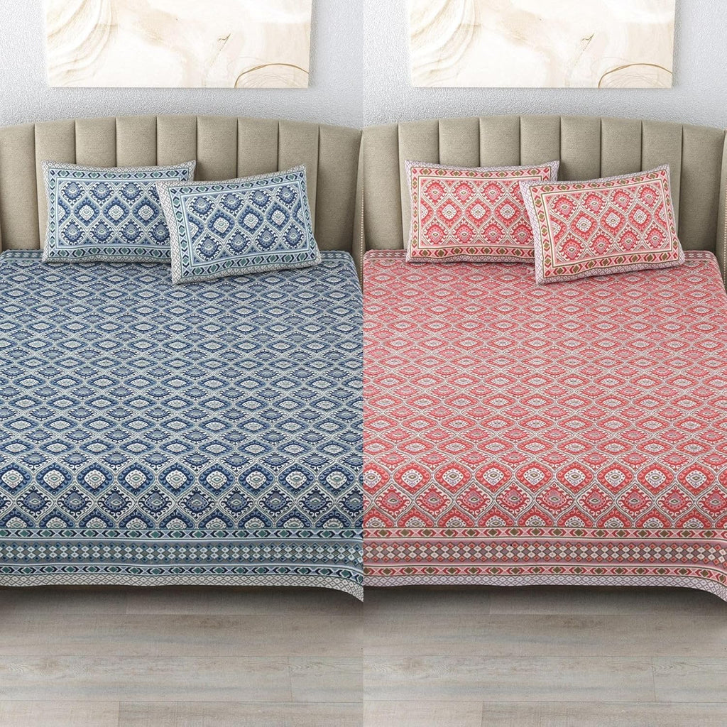 Cotton King Size Bedsheet Combo Set for Double Bed with 4 Pillow Covers – Ikat Red/Blue