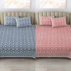 Cotton King Size Bedsheet Combo Set for Double Bed with 4 Pillow Covers – Ikat Red/Blue