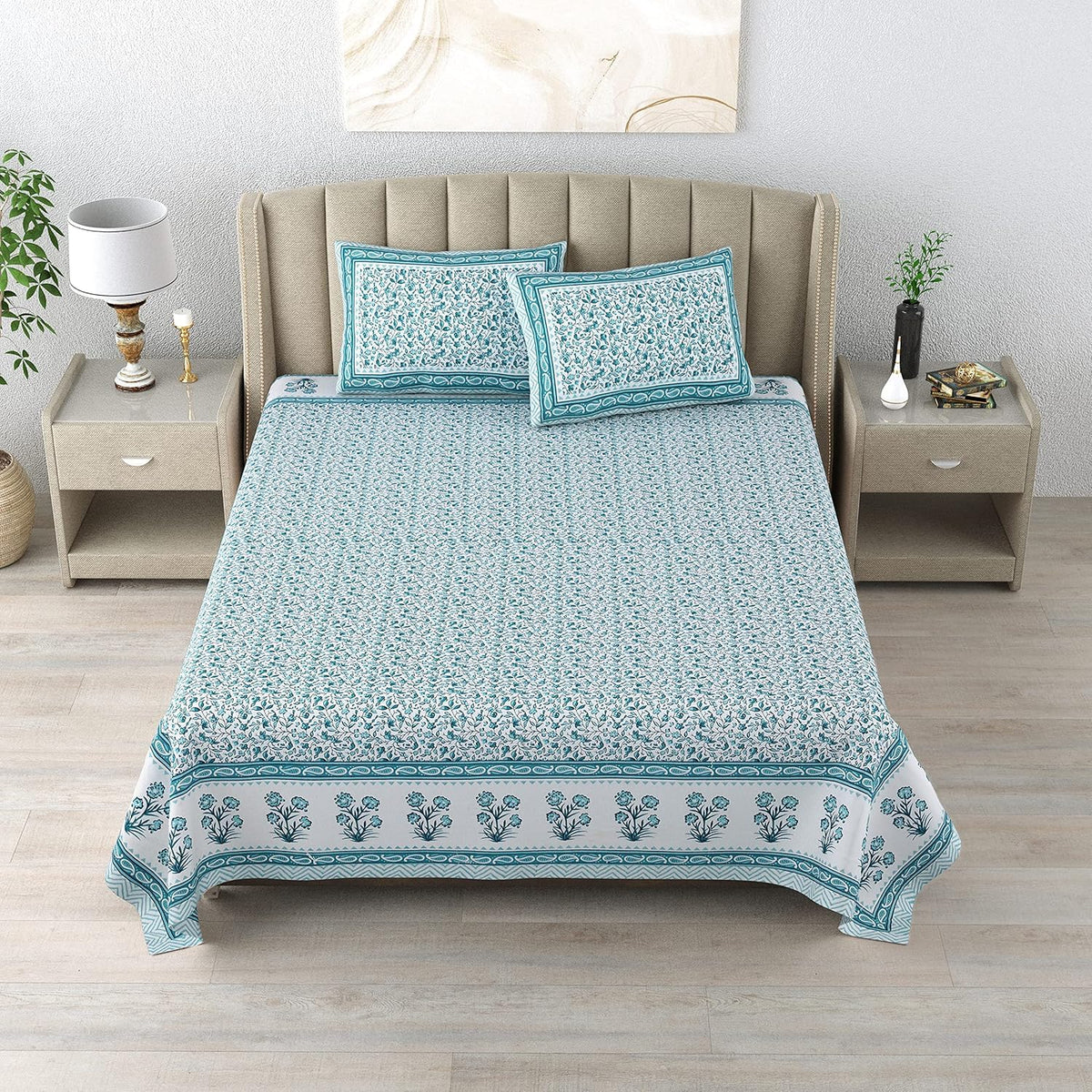 100% Cotton 300 TC King Size Bedsheet Combo Set for Double Bed 90x108 Inches with 4 Pillow Covers 17x27 | Hand Block Printed Bedsheet Combo – Pink/Blue | Combo Offer