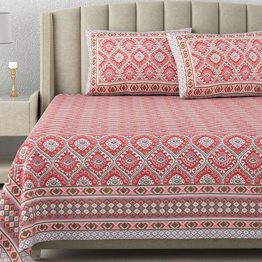 Cotton King Size Bedsheet Combo Set for Double Bed with 4 Pillow Covers – Ikat Red/Blue