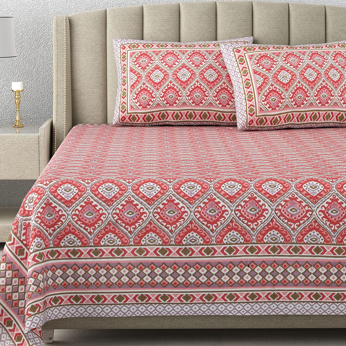 Cotton King Size Bedsheet Combo Set for Double Bed with 4 Pillow Covers – Ikat Red/Blue