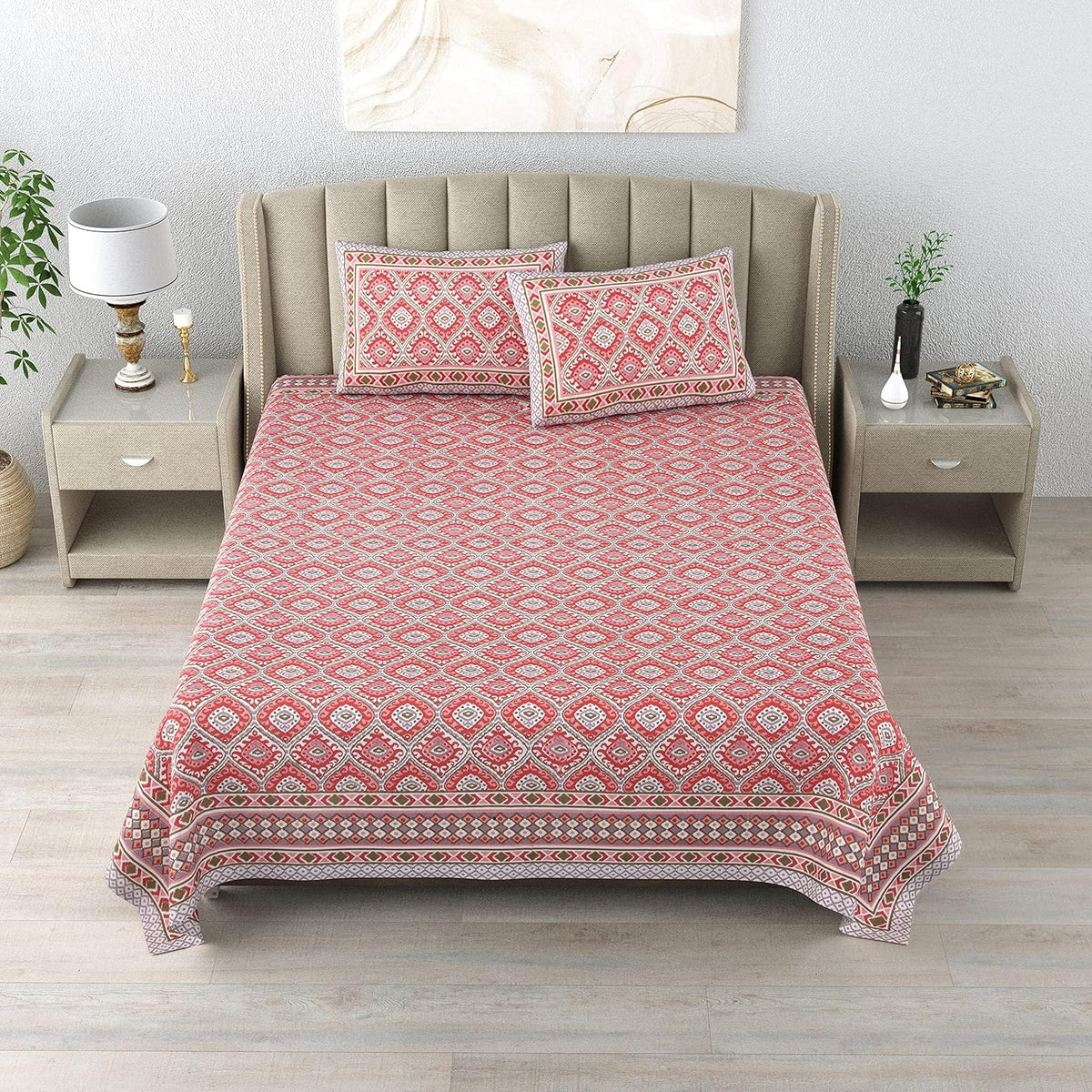 100% Cotton 300 TC King Size Bedsheet Combo Set for Double Bed 90x108 Inches with 4 Pillow Covers 17x27 | Hand Block Printed Bedsheet Combo – Ikat Red/Ikat Blue | Combo Offer