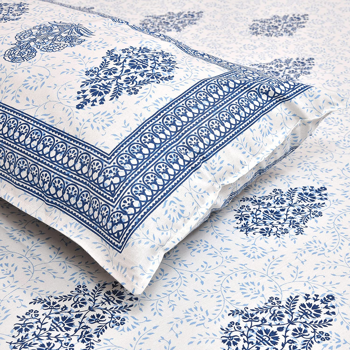 100% Cotton Handblock Print Bedsheet - Block Blue