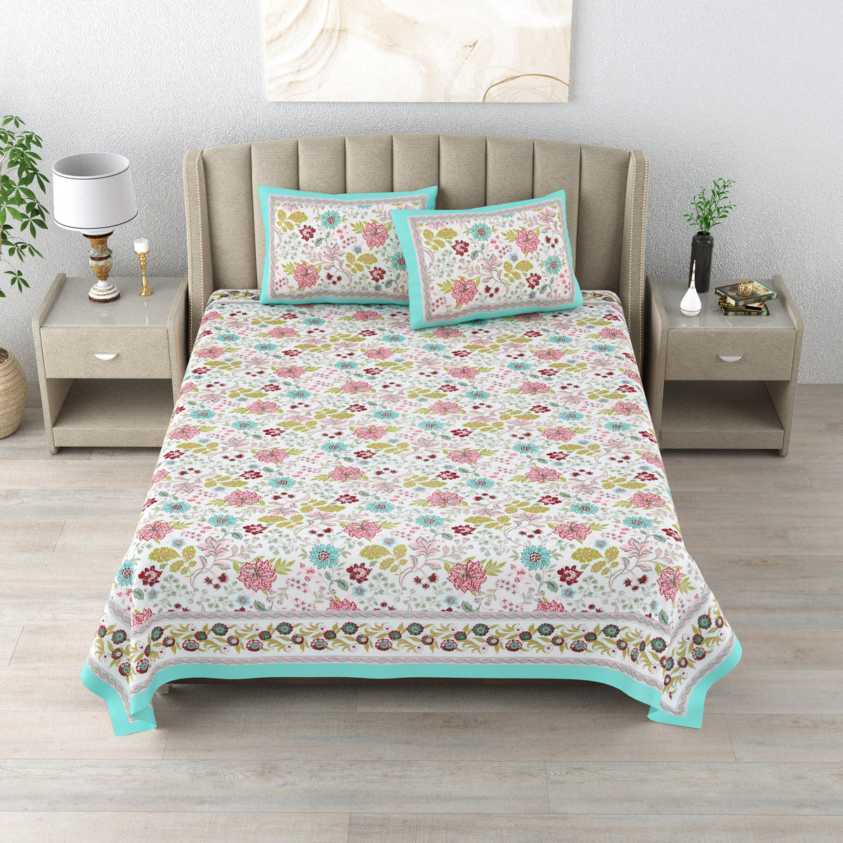Cotton Print Bedsheet with 2 pillow covers - Gardenia
