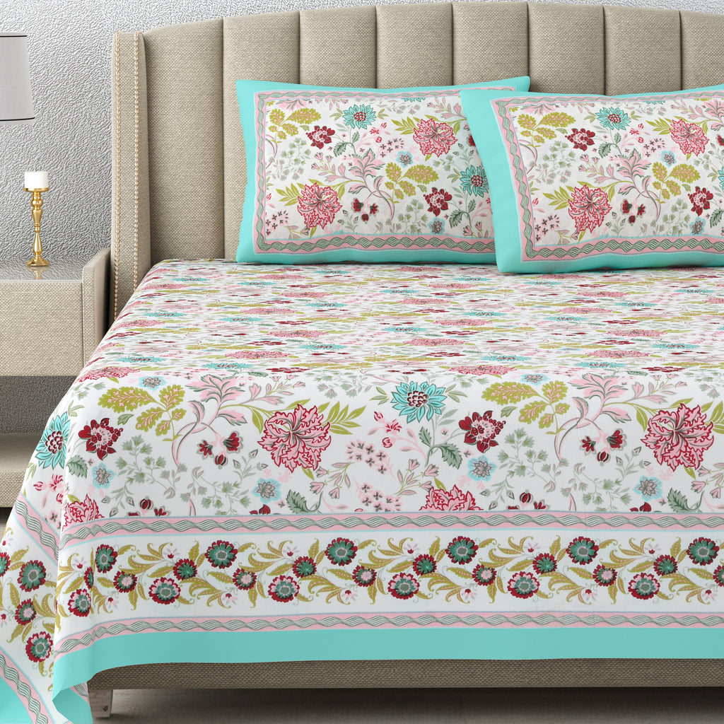 Cotton Print Bedsheet with 2 pillow covers - Gardenia