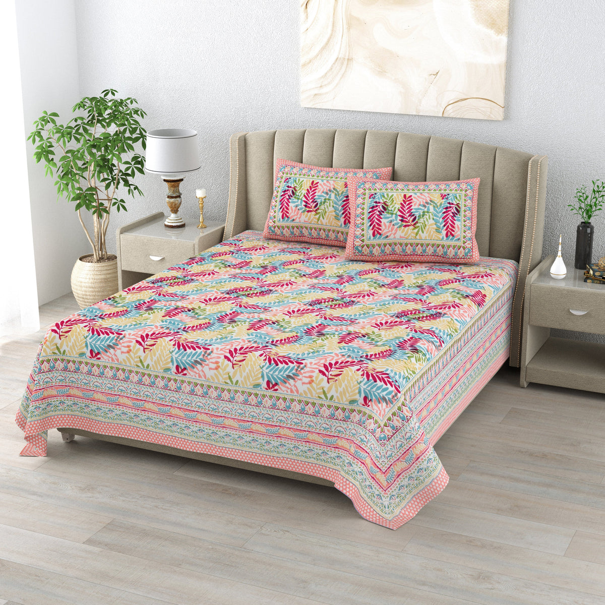 Cotton Print Bedsheet with 2 pillow covers - Autumn