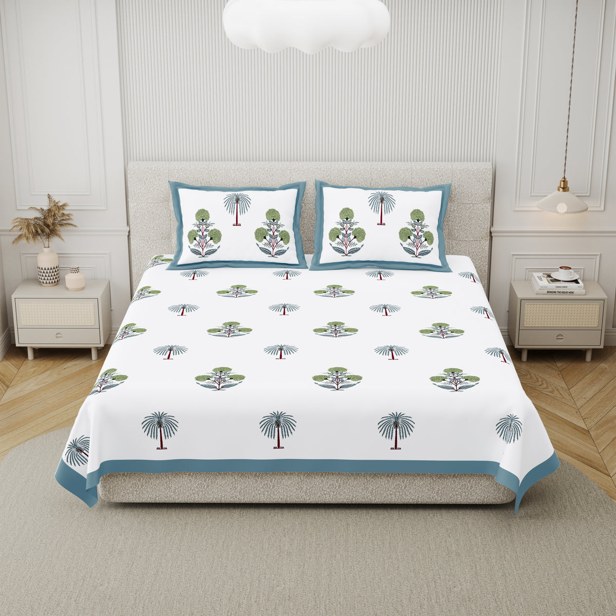 Cotton Hand Block Print Bedsheet Set - Palm Tree