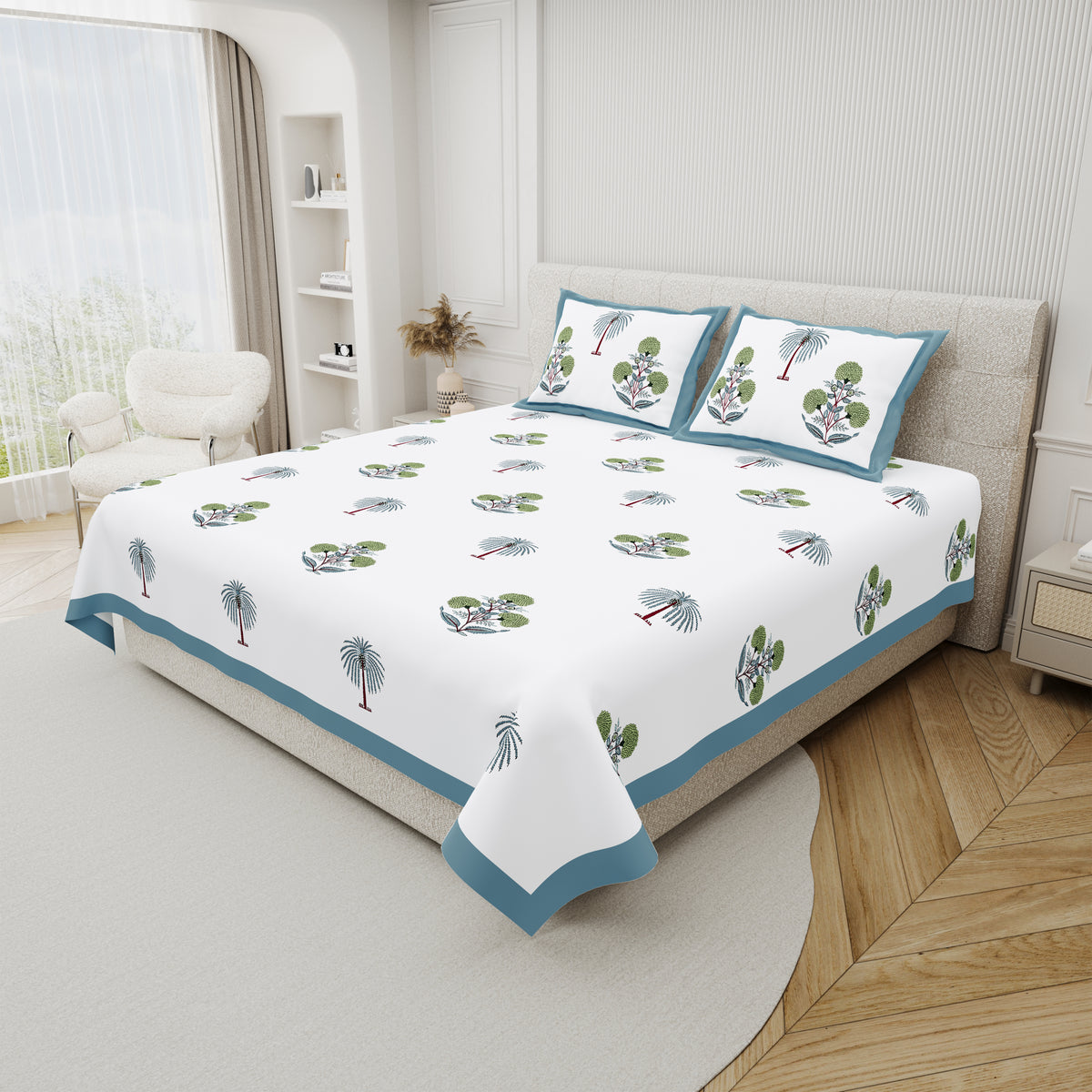 Cotton Hand Block Print Bedsheet Set - Palm Tree