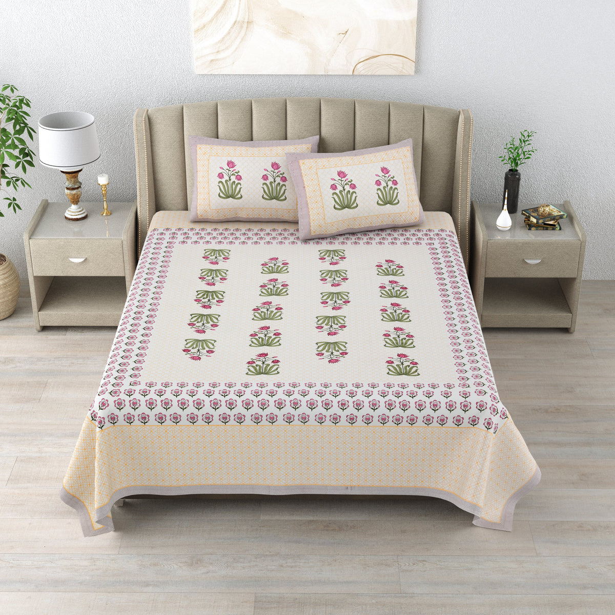 Cotton Super king Handblock Print Bedsheet with 2 pillow covers - Heritage