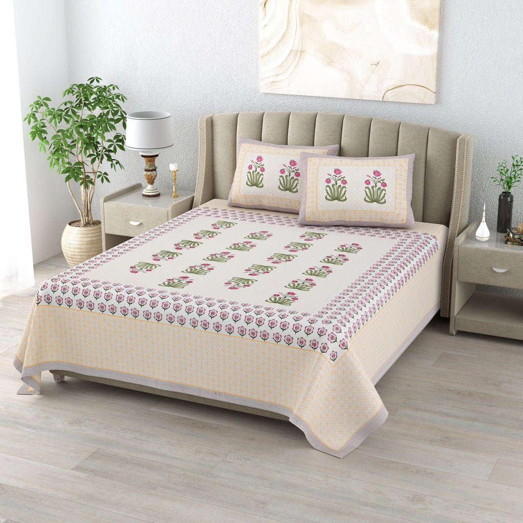 Cotton Super king Handblock Print Bedsheet with 2 pillow covers - Heritage