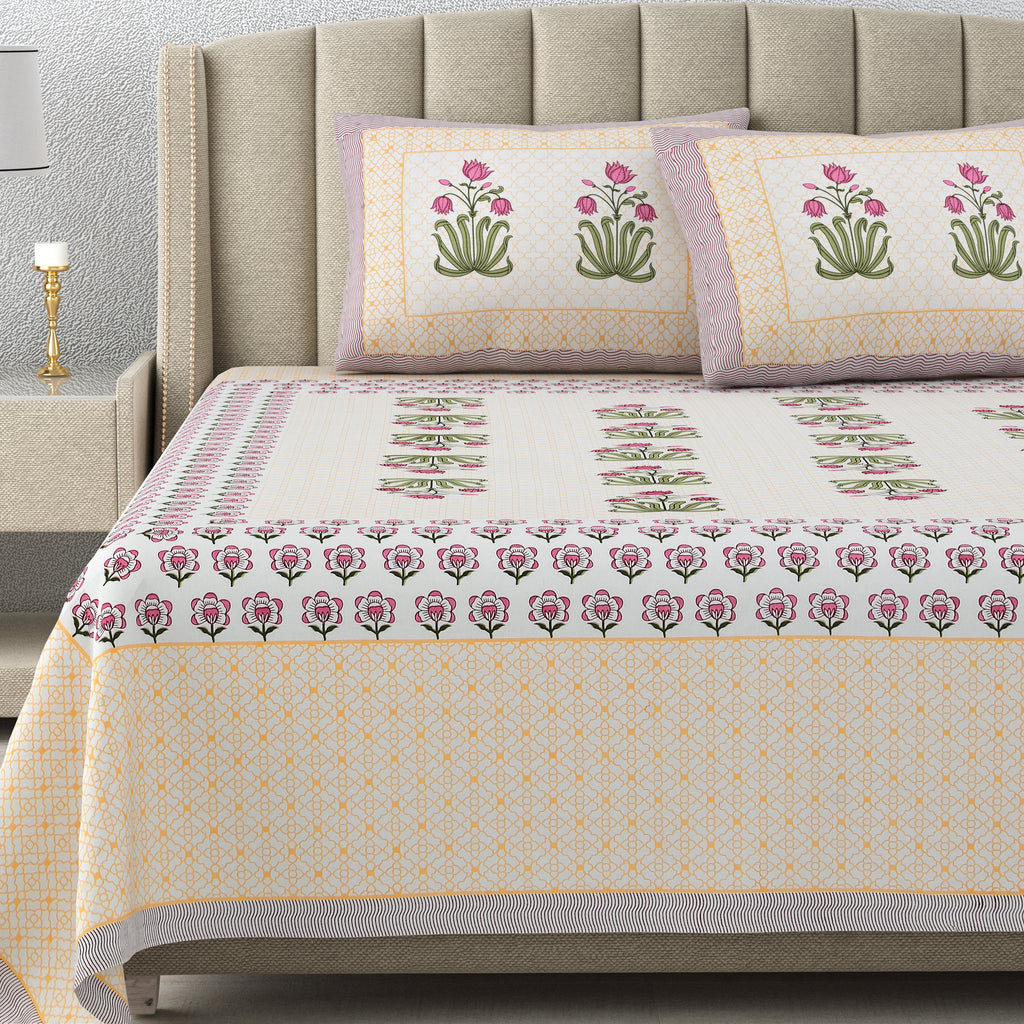 Cotton Super king Handblock Print Bedsheet with 2 pillow covers - Heritage