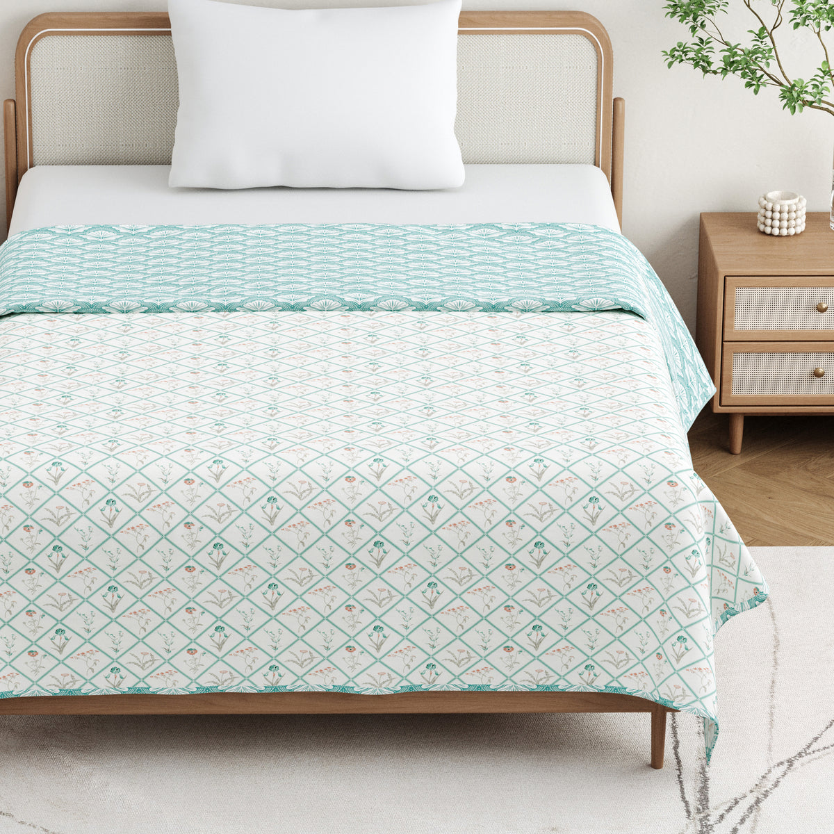 Cotton Mulmul Dohar For Single Bed Size - Garden Of Tulip - Green Dohar