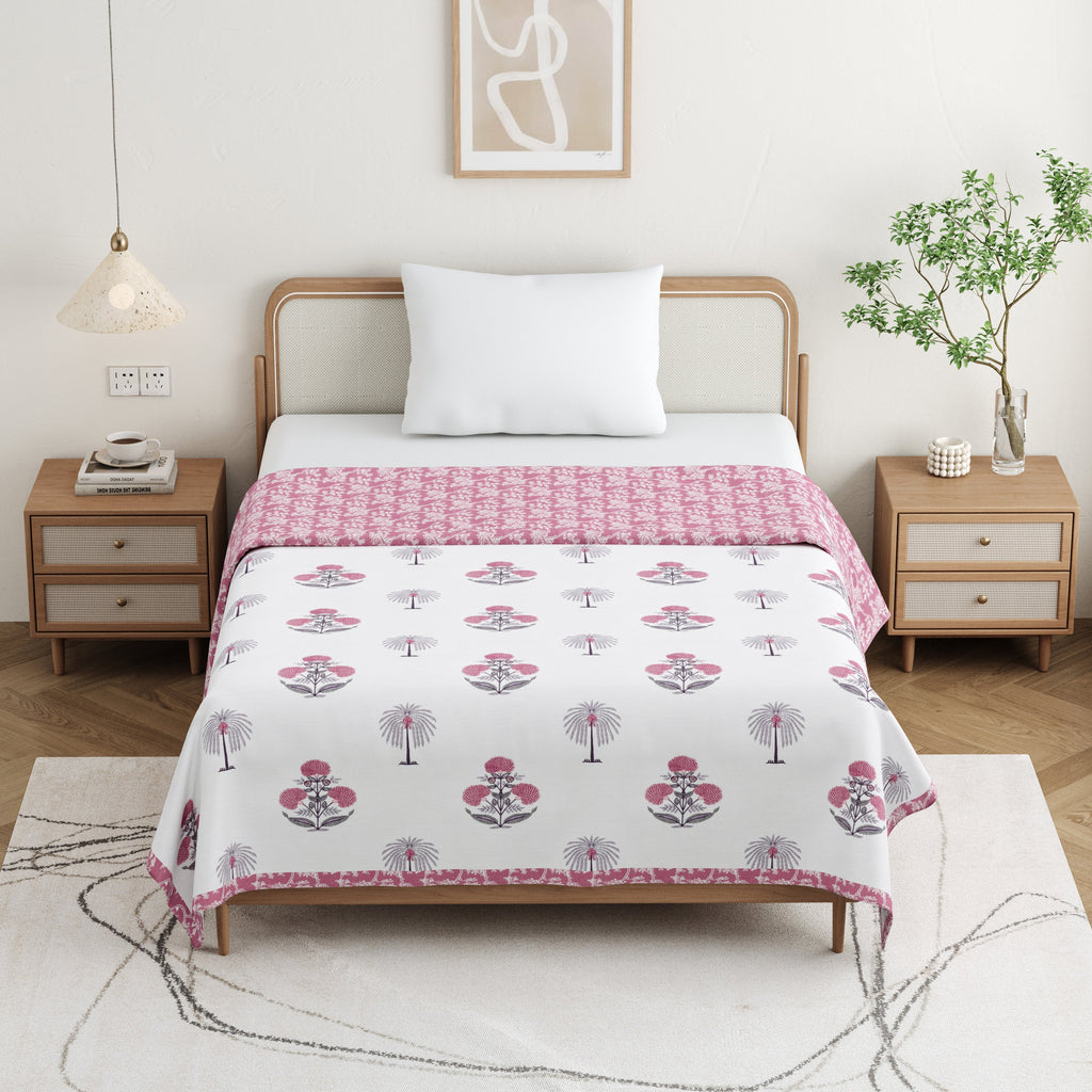 Pink Palm Cotton Reversible Mulmul Dohar for Single Bed Size