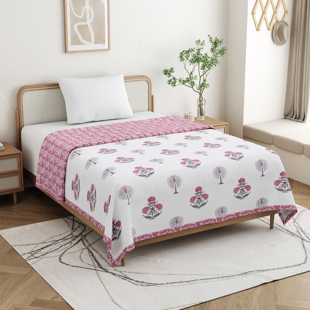 Pink Palm Cotton Reversible Mulmul Dohar for Single Bed Size
