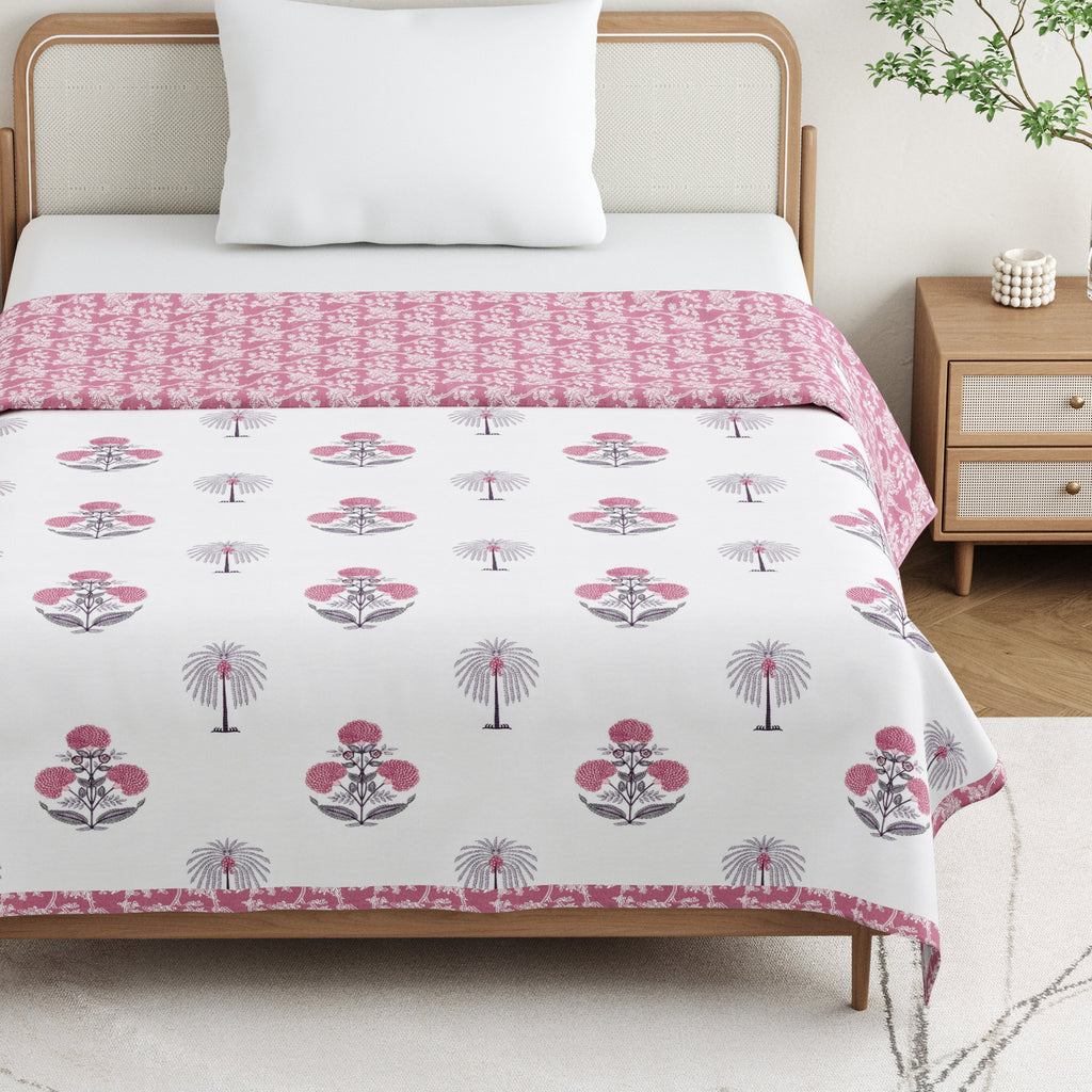 Pink Palm Cotton Reversible Mulmul Dohar for Single Bed Size
