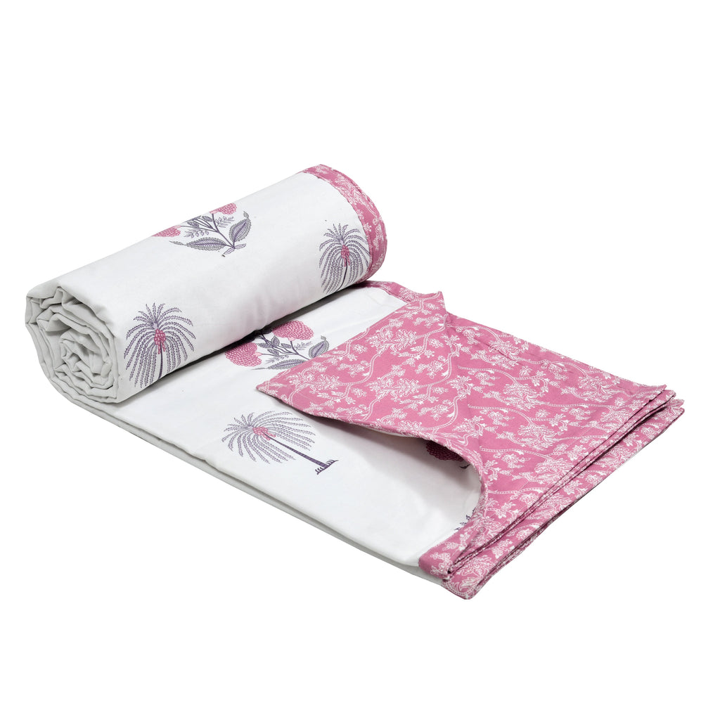 Pink Palm Cotton Reversible Mulmul Dohar for Single Bed Size