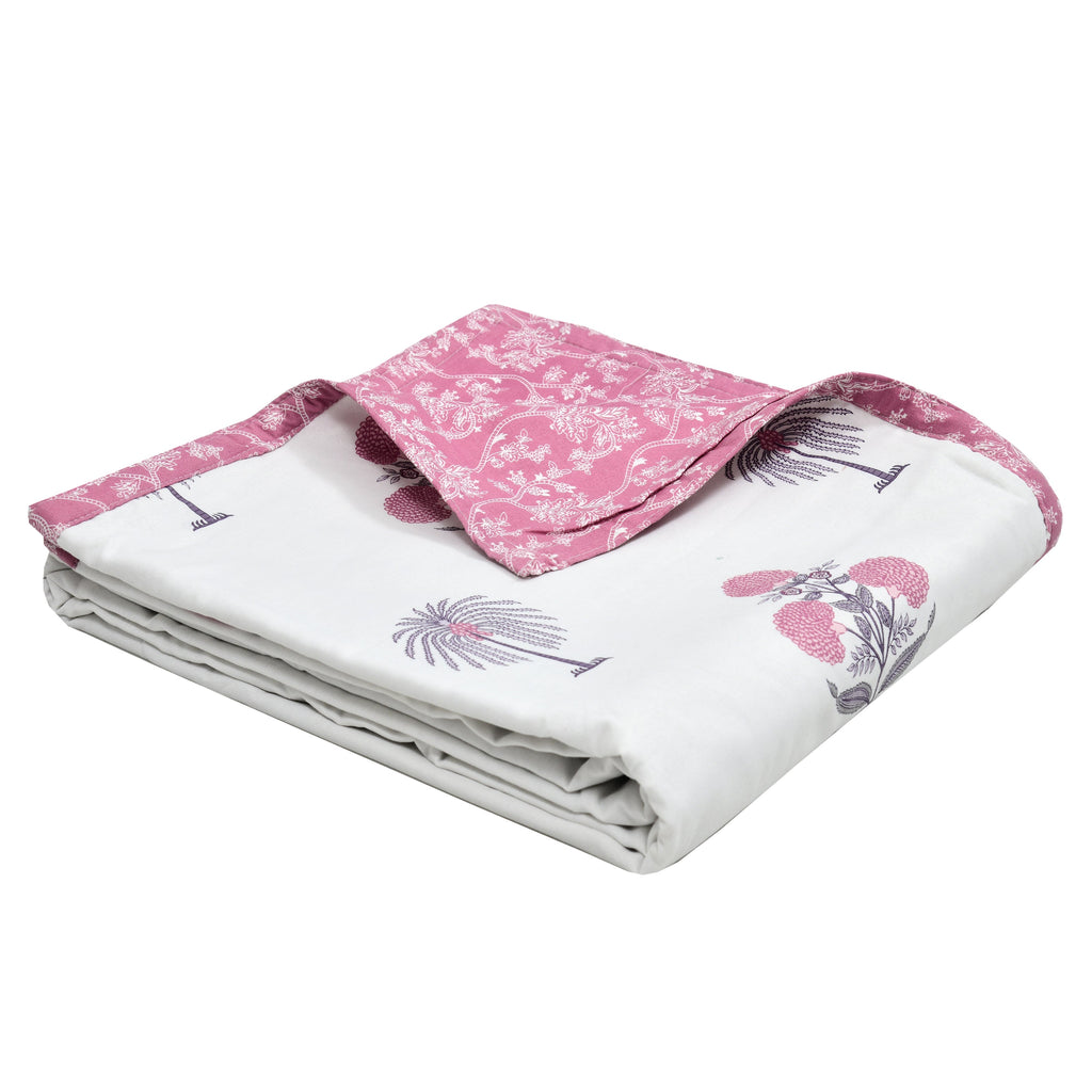 Pink Palm Cotton Reversible Mulmul Dohar for Single Bed Size
