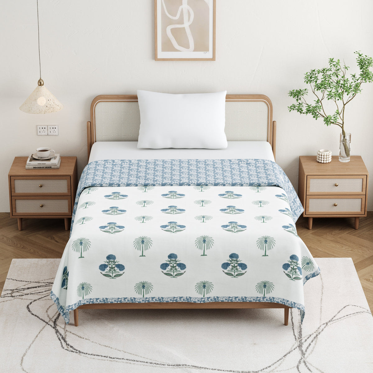 Reversible Hand block print cotton Mulmul Single size Dohar - Blue Flower