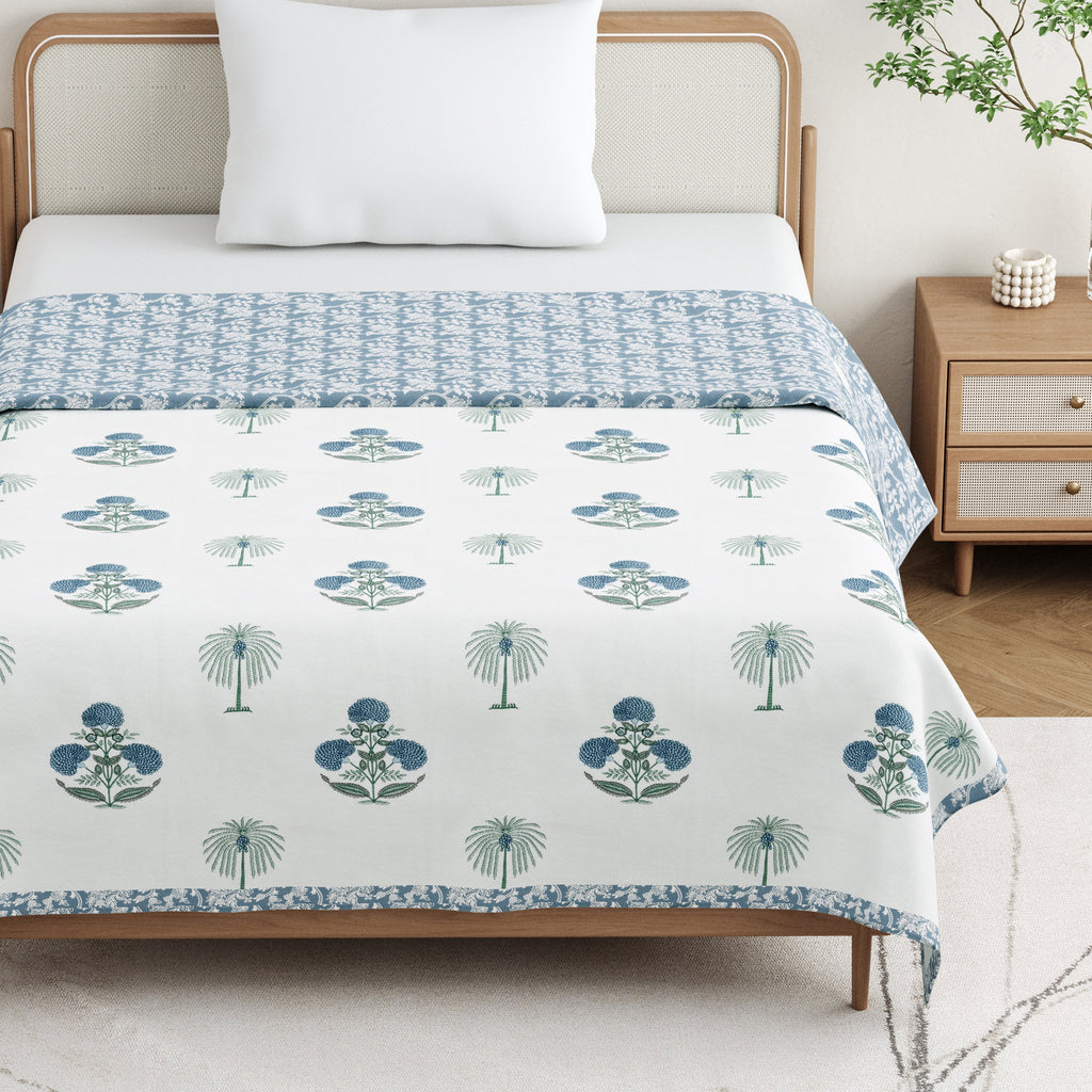 Blue Palm Cotton Reversible Mulmul Dohar for Single Bed Size