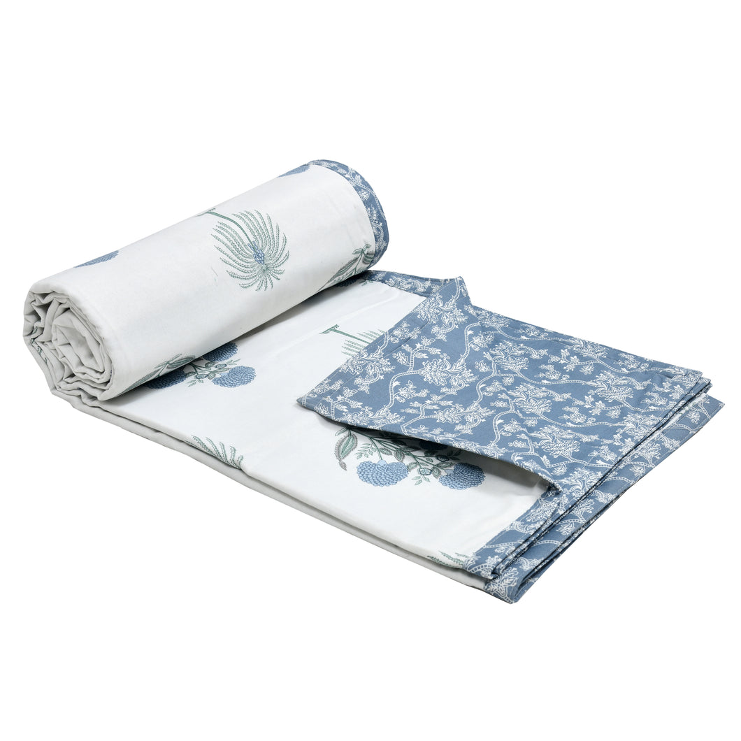 Reversible Hand block print cotton Mulmul Single size Dohar - Blue Flower