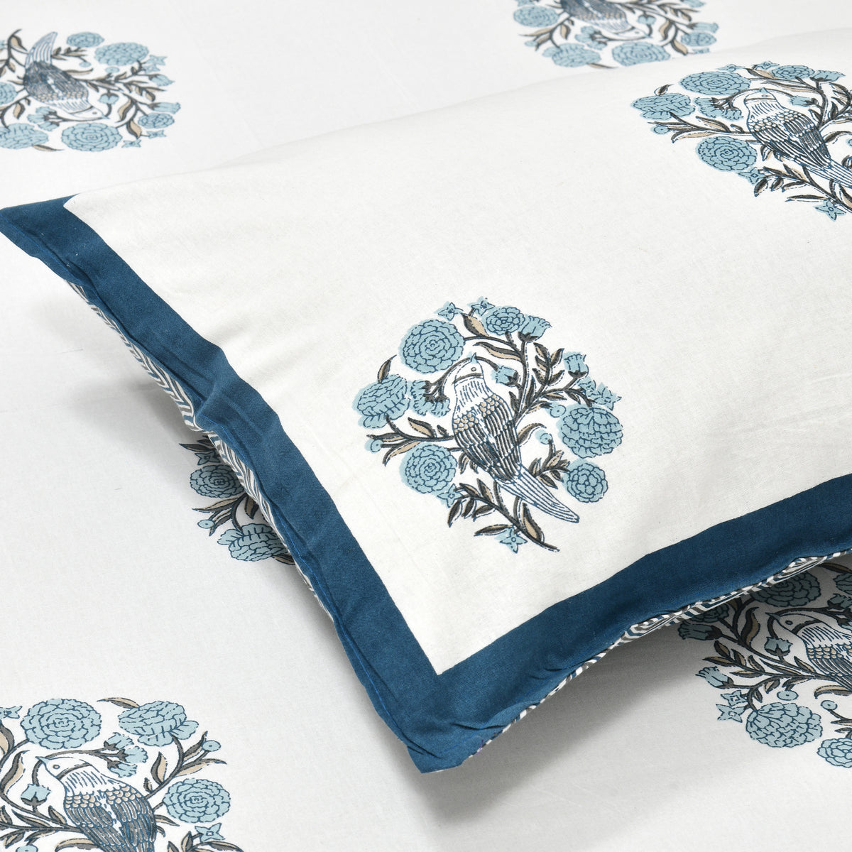Cotton Hand Block Print Bedsheet Set - Wings-blue