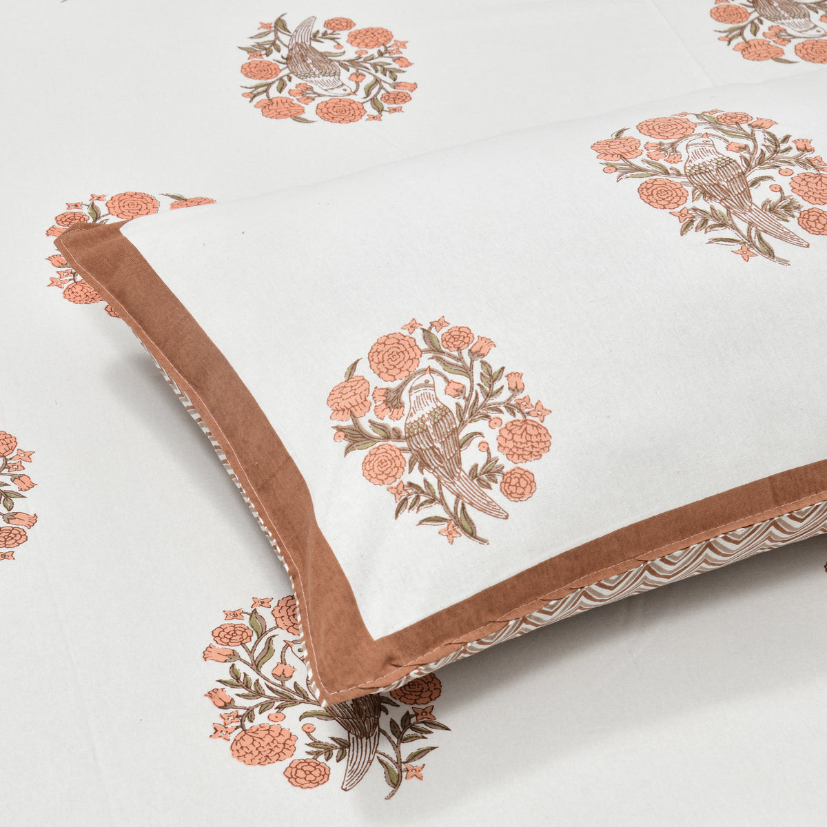 Cotton Hand Block Print Bedsheet Set - Wings-Orange