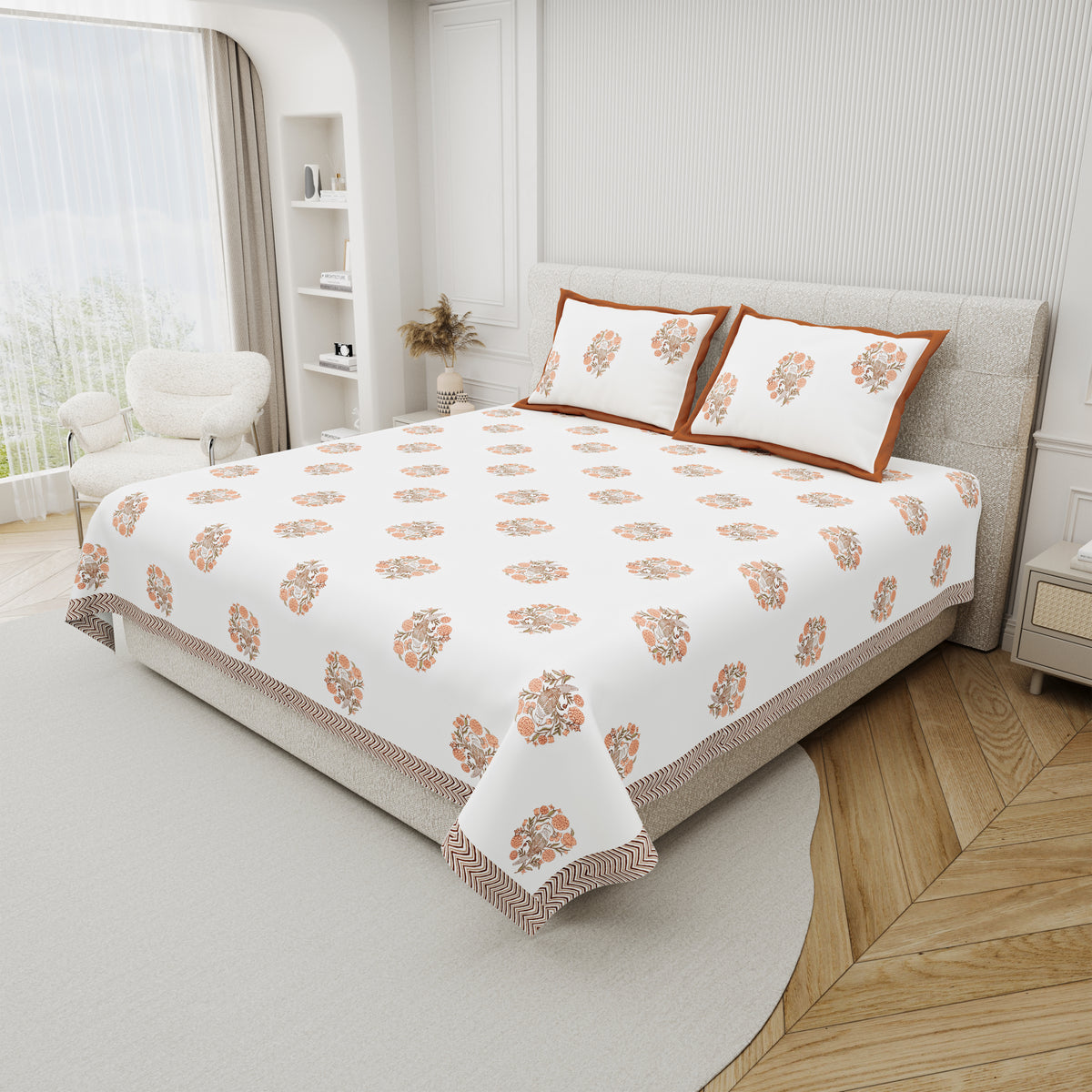 Cotton Hand Block Print Bedsheet Set - Wings-Orange