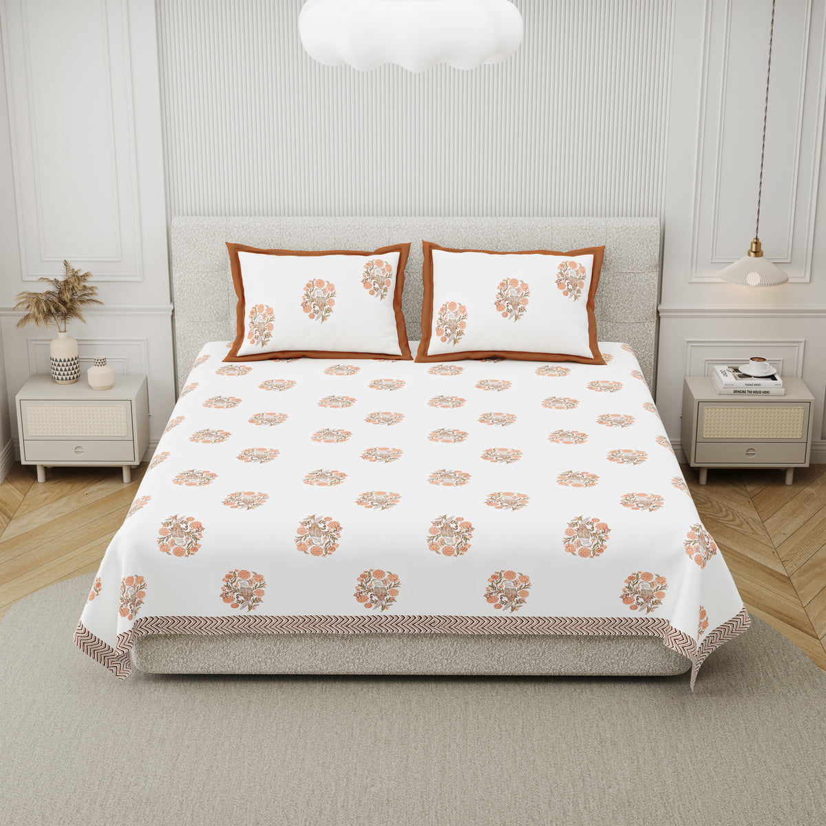 Cotton Hand Block Print Bedsheet Set - Wings-Orange
