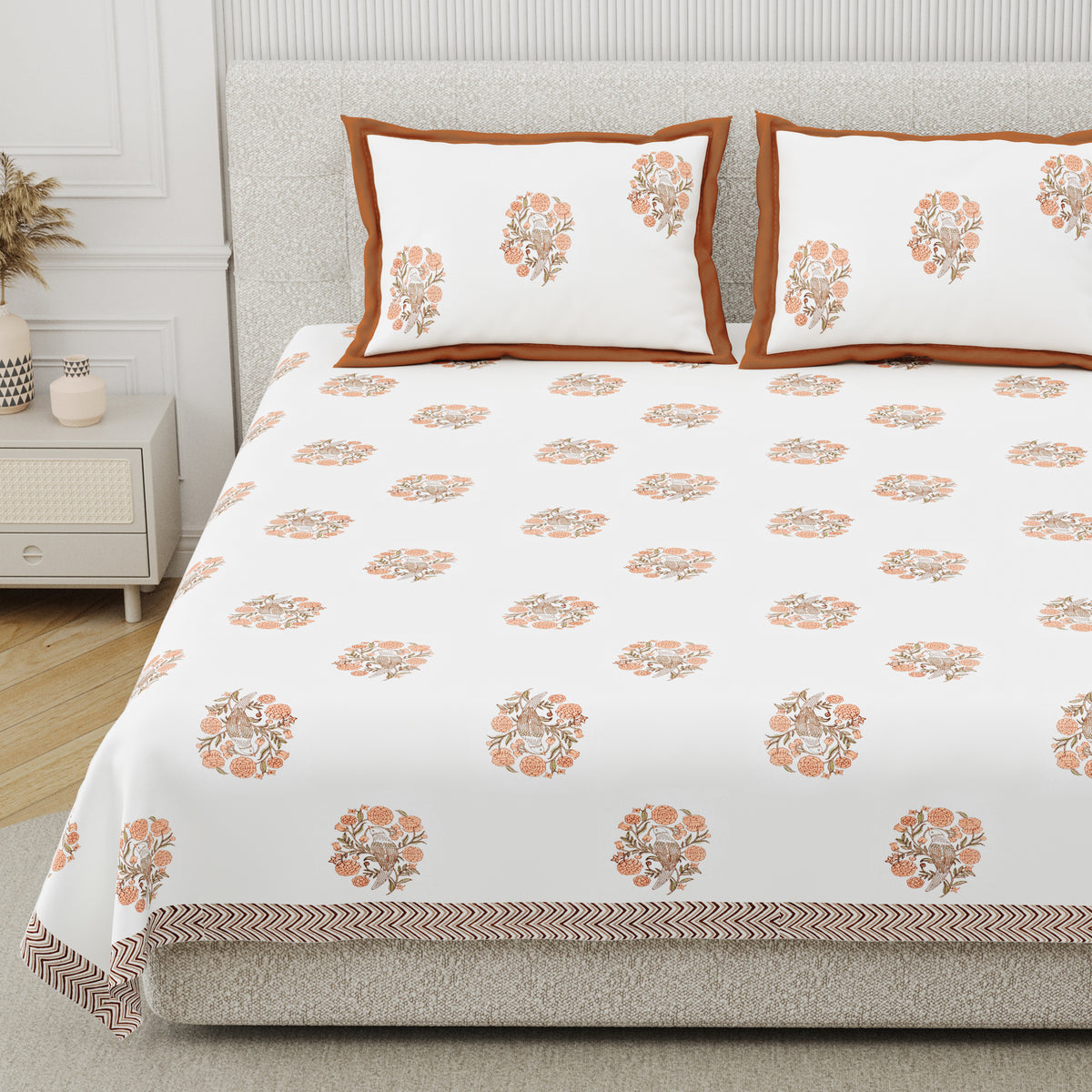 Cotton Hand Block Print Bedsheet Set - Wings-Orange
