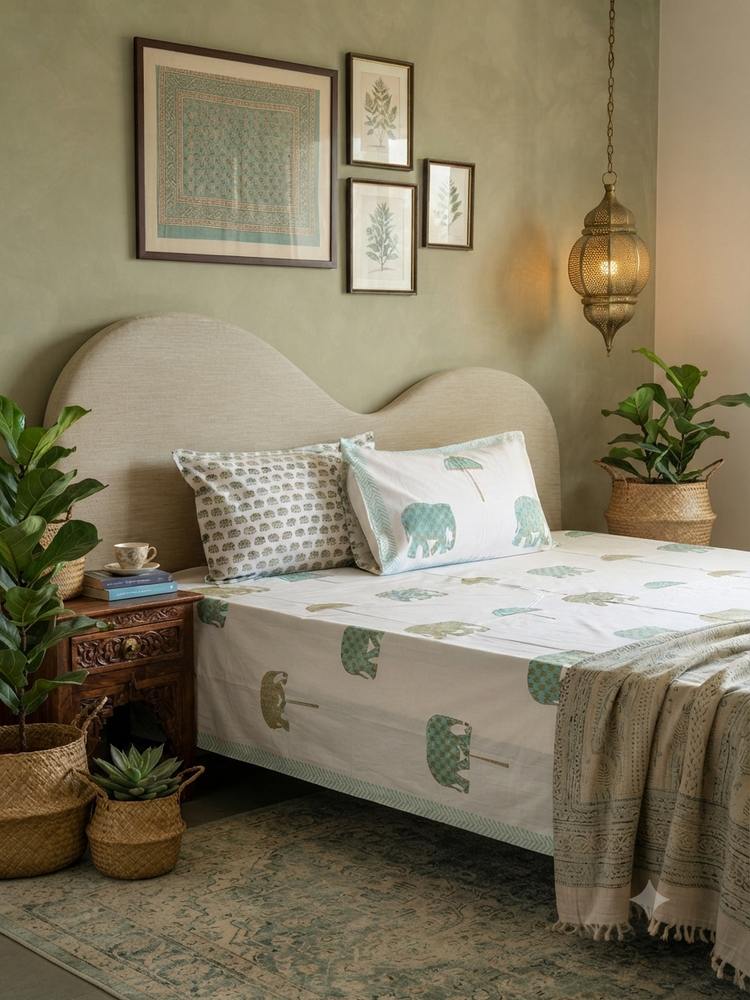 Traditional Motifs- Premium Cotton Handblock Print Bedsheet Set