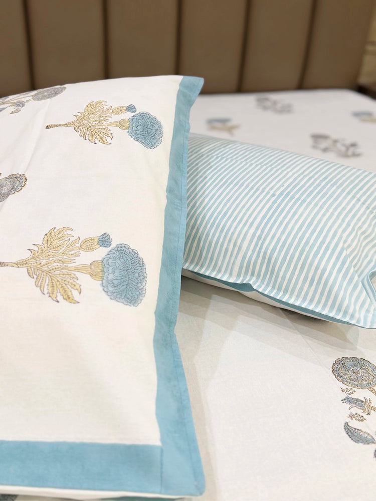 Blue Dahila  - Premium Cotton Handblock Print Bedsheet set