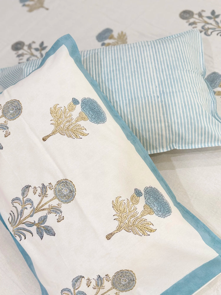 Blue Dahila  - Premium Cotton Handblock Print Bedsheet set