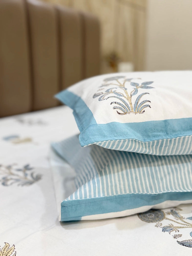 Blue Dahila  - Premium Cotton Handblock Print Bedsheet set