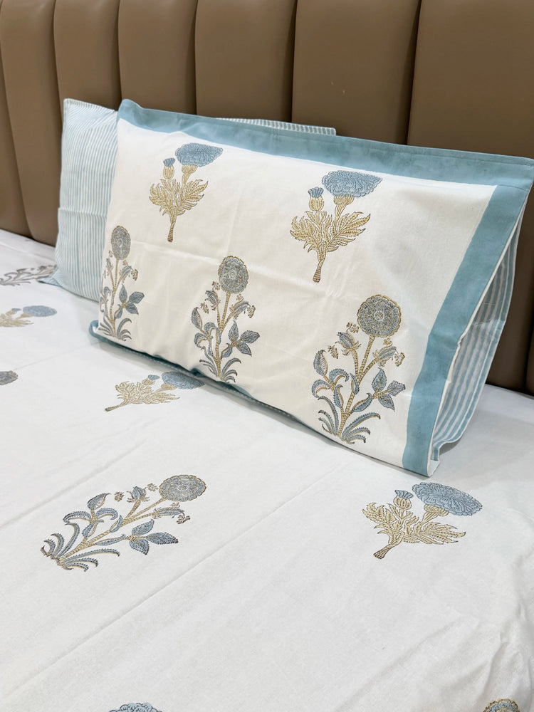 Blue Dahila  - Premium Cotton Handblock Print Bedsheet set