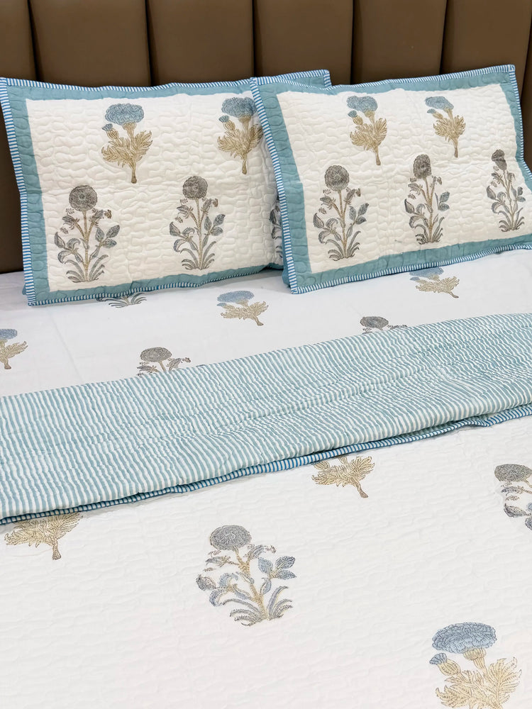 Blue Dahila  - Premium Cotton Handblock Print Bedsheet set