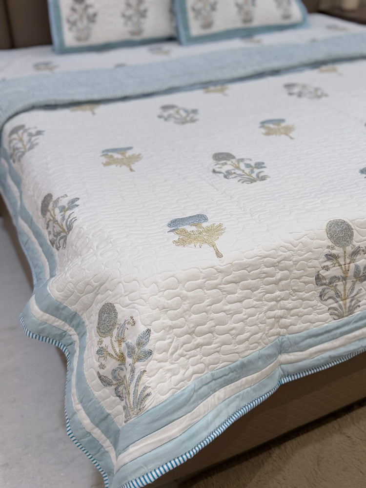Blue Dahila  - Premium Cotton Handblock Print Bedsheet set