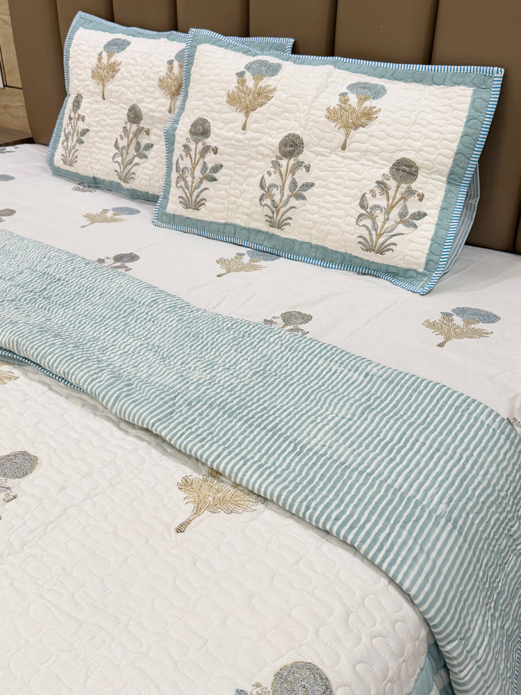 Blue Dahila  - Premium Cotton Handblock Print Bedsheet set