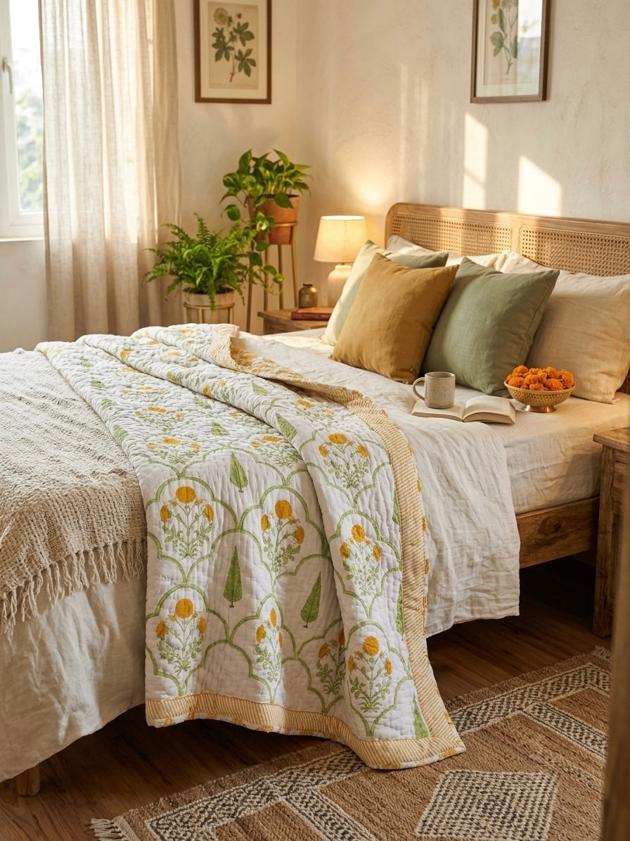 Reversible Hand Block Print Double bed Quilt - MARIGOLD