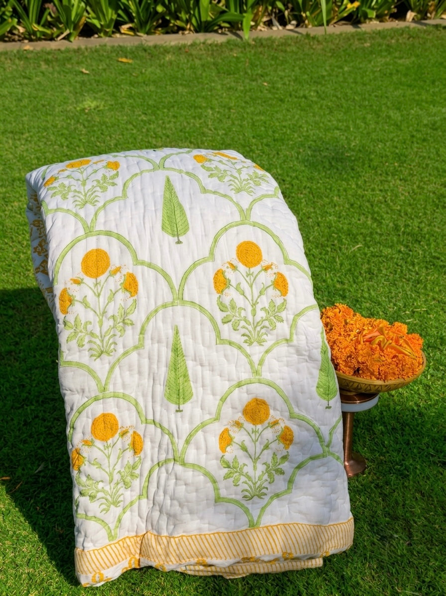 Reversible Hand Block Print Double bed Quilt - MARIGOLD