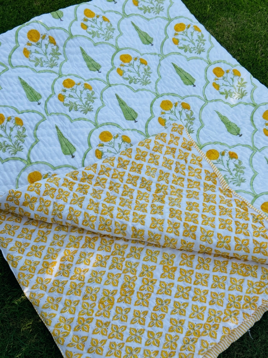 Reversible Hand Block Print Double bed Quilt - MARIGOLD