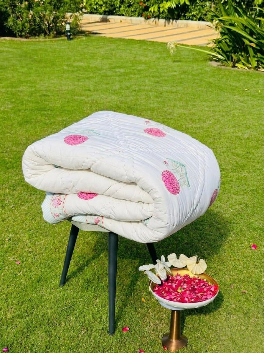 Reversible Hand Block Print Double bed Quilt - GULAABI