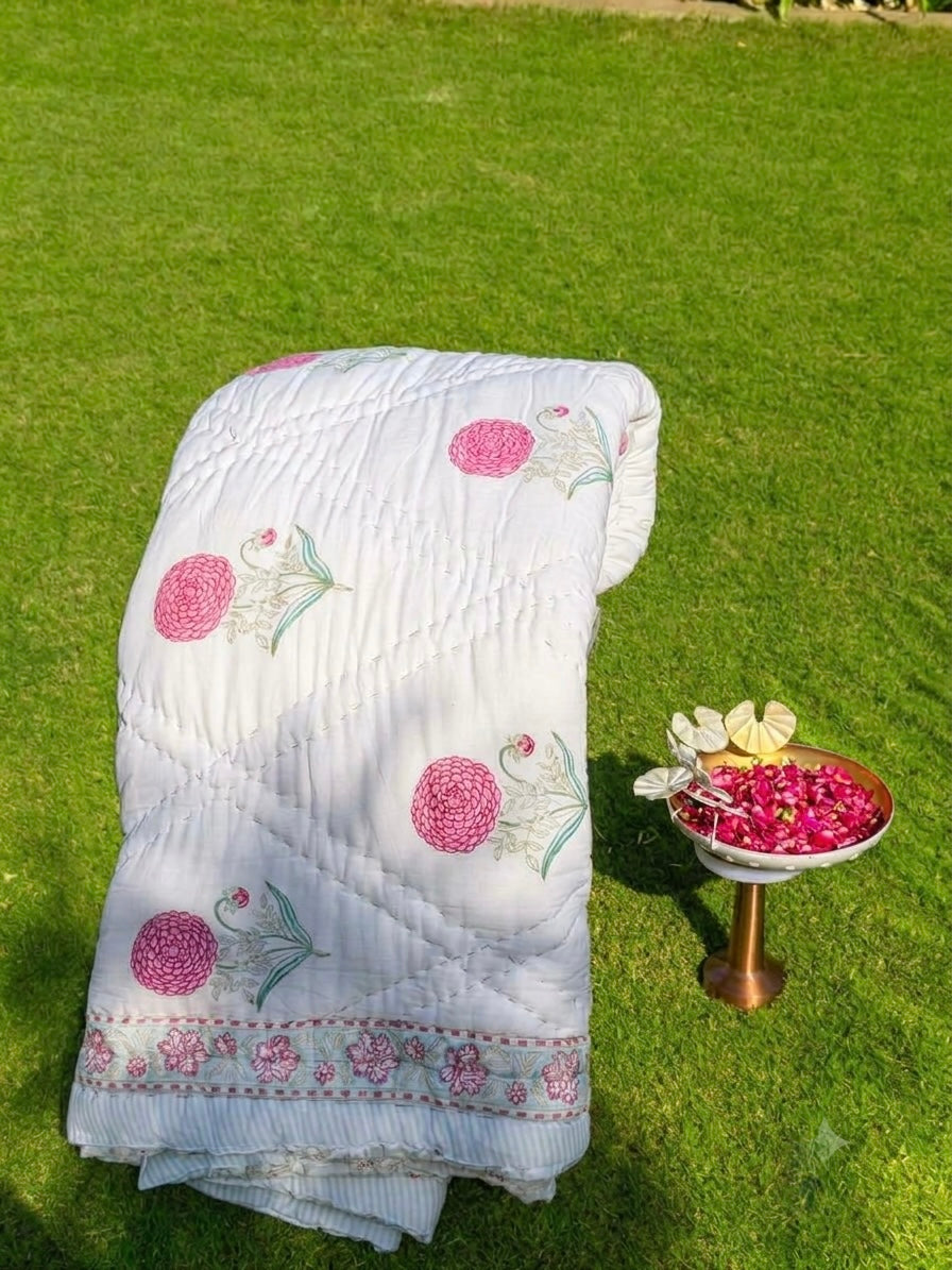 Reversible Hand Block Print Double bed Quilt - GULAABI