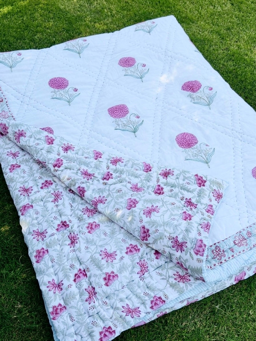 Reversible Hand Block Print Double bed Quilt - GULAABI