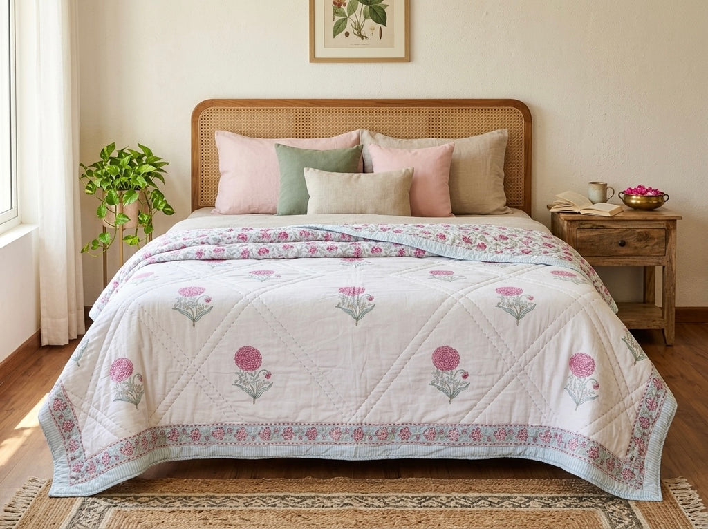 Reversible Hand Block Print Double bed Quilt - GULAABI