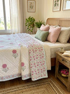 Reversible Hand Block Print Double bed Quilt - GULAABI