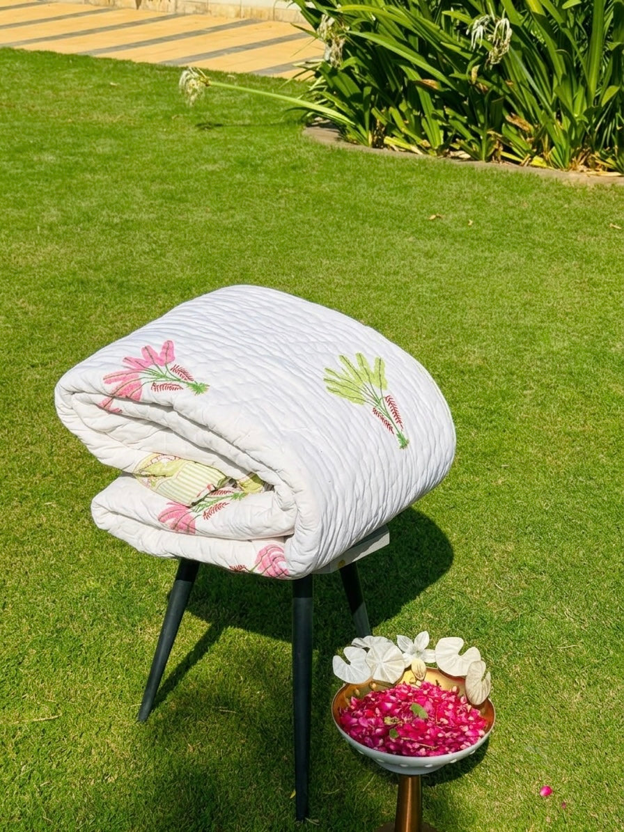 Reversible Hand Block Print Double bed Quilt - PALM