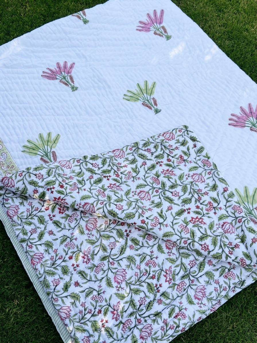 Reversible Hand Block Print Double bed Quilt - PALM